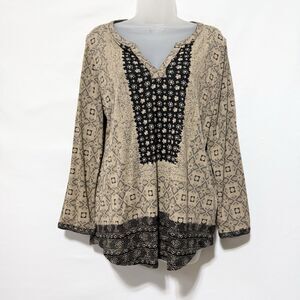 Lucky Brand Boho Tunic Top Mixed Print Brown Black Long Sleeve Size L